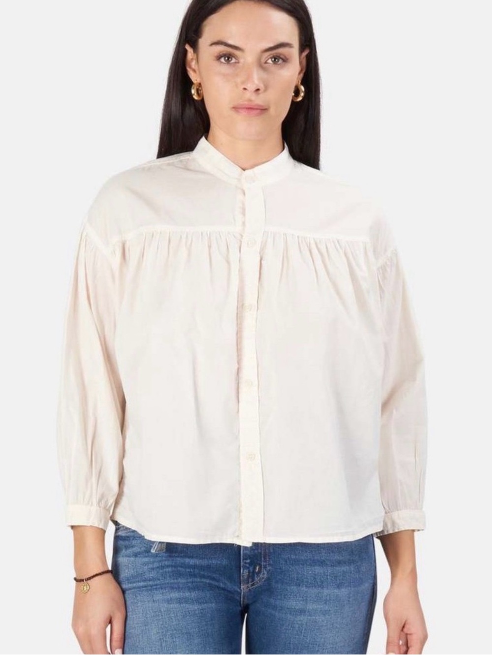MOTHER The Gatherer Pale Peach Mandarin-Collar Button Down Blouse